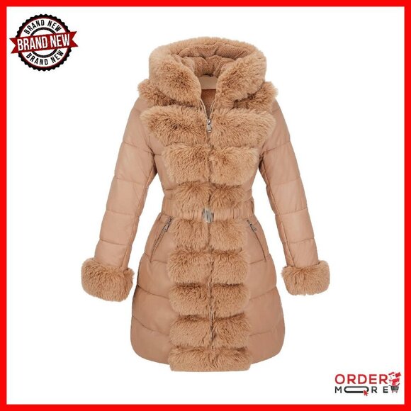 Jackets & Blazers - Women's Winter Puffer Coat with Fur Hood, Faux Leather, Belted, Size Available
